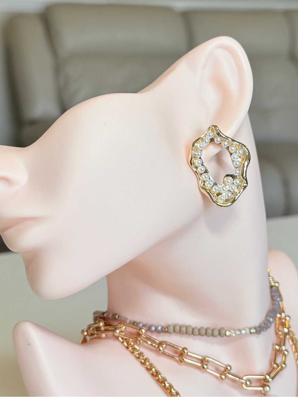 Gold Tone Pearl Accent Open Center Earrings